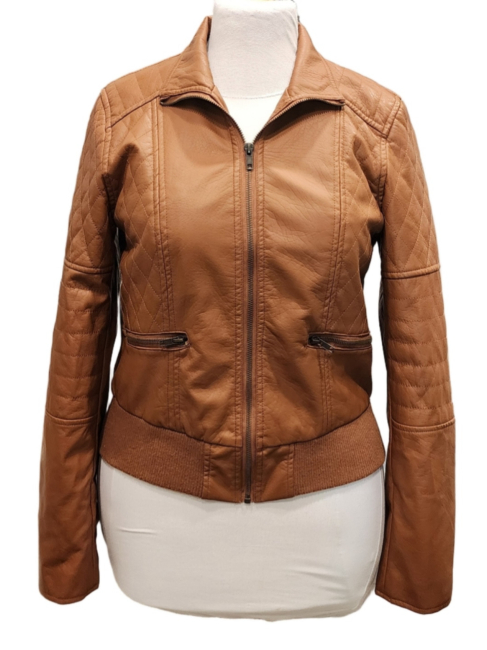B Sweet Cognac Faux Leather Jacket Women L Brown Quilted Biker Moto Crop Bomber